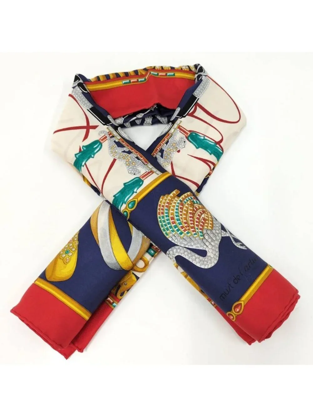 Cartier Scarf Silk 100% Red Navy Multicolor